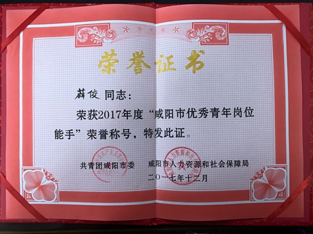 泾阳分公司薛佼获“咸阳市优秀青年岗位能手”称号